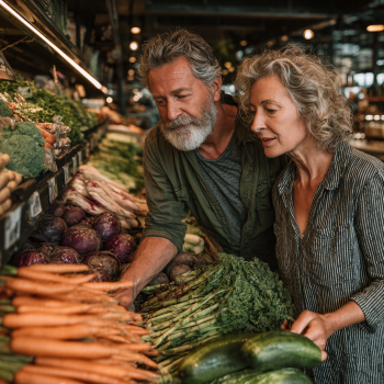 Літня пара готує здорову їжу